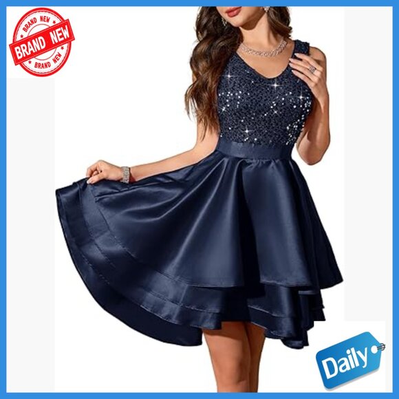 Sequin High Low Prom Dress Sleeveless Fit Flare Formal Cocktail